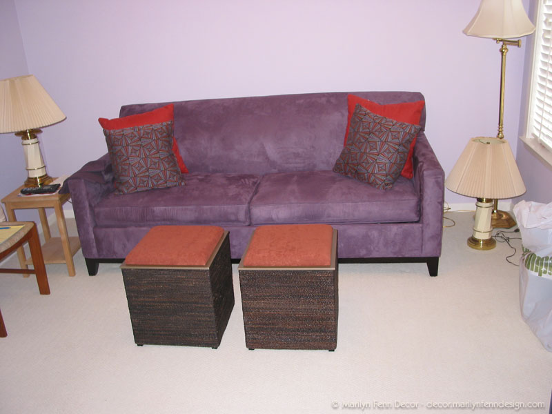 New sleeper sofa with matching pillows and storage cube ottomans